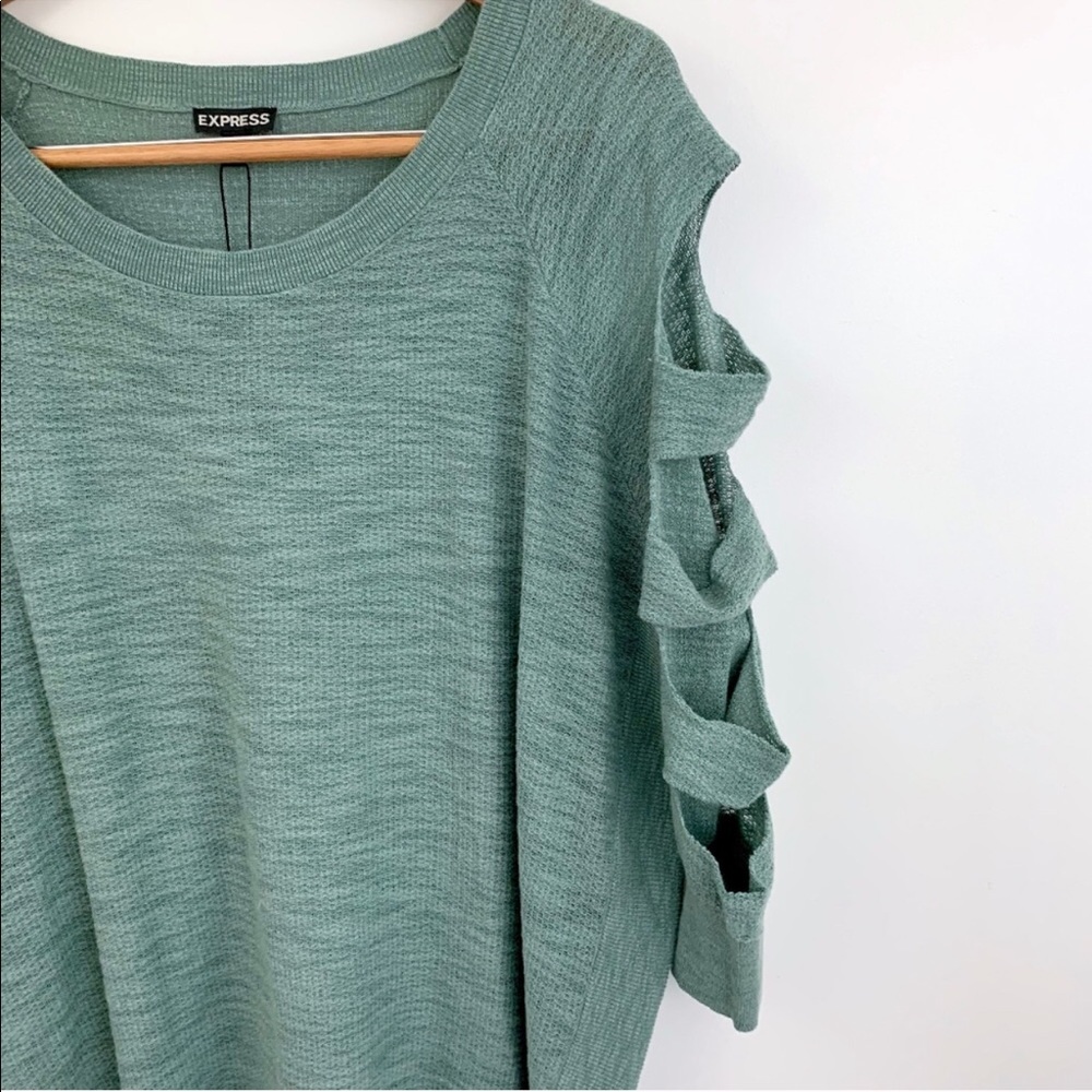 Express Pale Green Cold-Shoulder Tunic Sweater - Picture 2 of 8